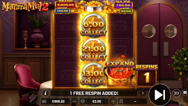 Screenshot of Mamma Mia 2 slot demo showing reels and bonus game features