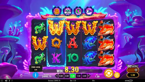 Screenshot of Manta Mayhem slot demo showing reels and bonus game features