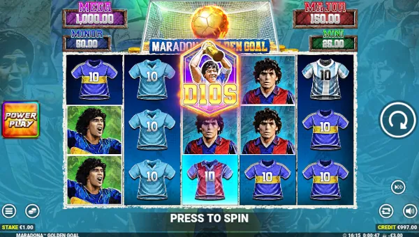 Maradona Golden Goal base game screenshot showing reels and features