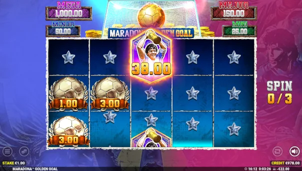 Screenshot of Maradona Golden Goal slot demo showing reels and bonus game features