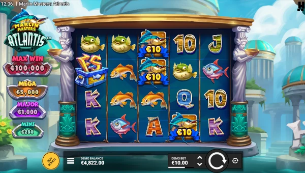 Marlin Masters Atlantis base game screenshot showing reels and features