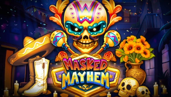 Masked Mayhem base game screenshot showing reels and features