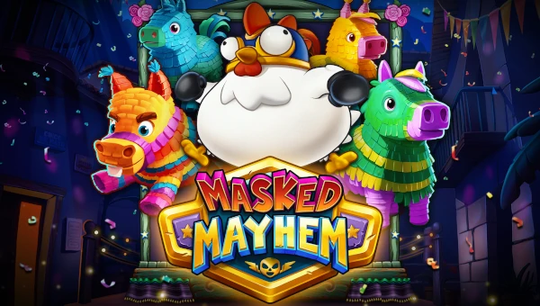 Screenshot of Masked Mayhem slot demo showing reels and bonus game features
