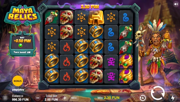 Maya Relics base game screenshot showing reels and features