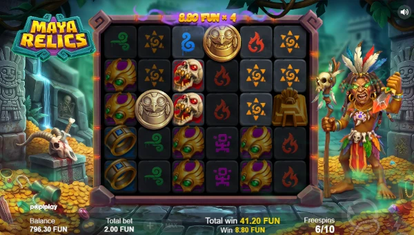 Screenshot of Maya Relics slot demo showing reels and bonus game features