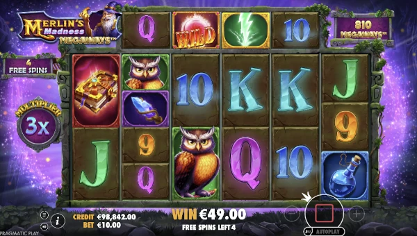 Screenshot of Merlins Madness Megaways slot demo showing reels and bonus game features