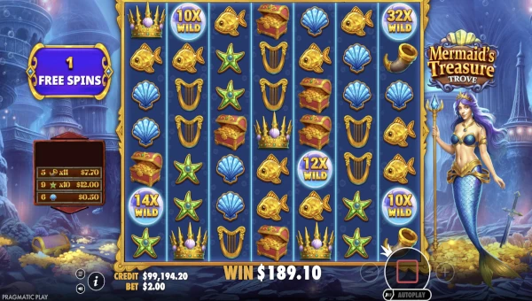 Bonus Game and Free Spins with multiplier wilds in Mermaid’s Treasure Trove slot