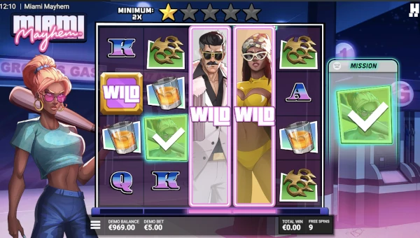 Screenshot of Miami Mayhem slot demo showing reels and bonus game features