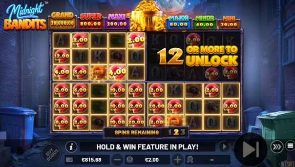Screenshot of Midnight Bandits slot demo showing reels and bonus game features