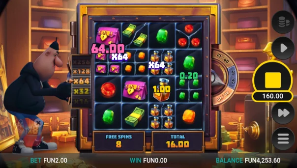 Screenshot of Midnight Marauder Clusterbreaker slot demo showing reels and bonus game features