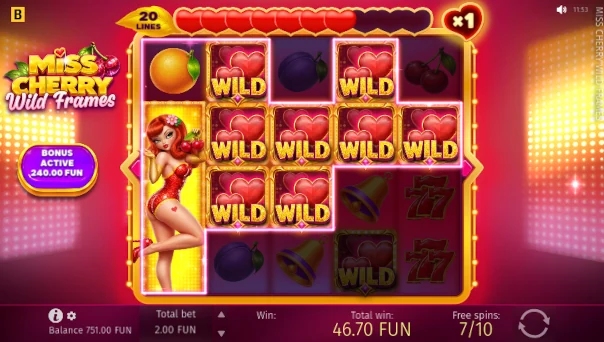 Screenshot of Miss Cherry Wild Frames slot demo showing reels and bonus game features