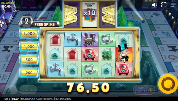 Screenshot of Monopoly Cash is King slot demo showing reels and bonus game features