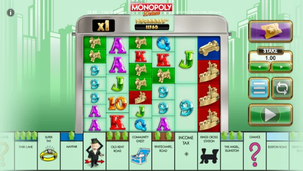 Monopoly Deluxe base game screenshot showing reels and features