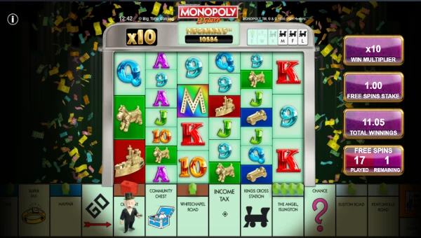 Screenshot of Monopoly Deluxe slot demo showing reels and bonus game features
