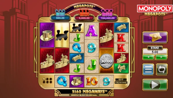 Monopoly Megapots base game screenshot showing reels and features