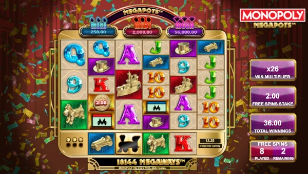 Screenshot of Monopoly Megapots slot demo showing reels and bonus game features