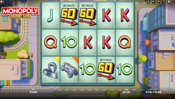 Monopoly Money Line base game screenshot showing reels and features