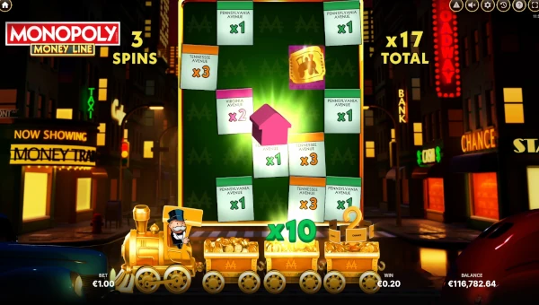 Screenshot of Monopoly Money Line slot demo showing reels and bonus game features