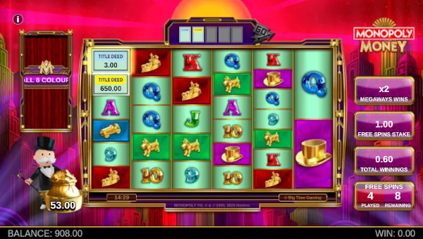 Screenshot of Monopoly Money slot demo showing reels and bonus game features