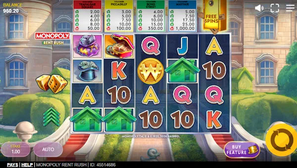 Monopoly Rent Rush base game screenshot showing reels and features