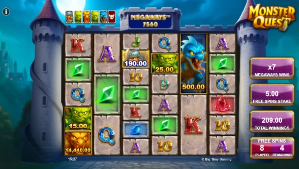 Screenshot of Monster Quest slot demo showing reels and bonus game features