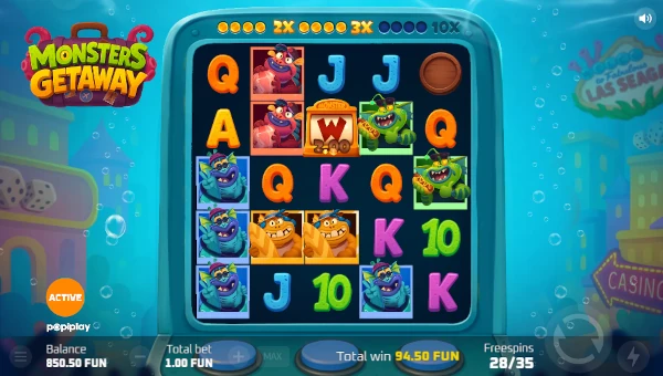 Screenshot of Monsters Getaway slot demo showing reels and bonus game features