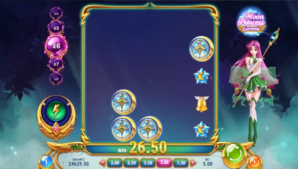 Screenshot of Moon Princess Extreme slot demo showing reels and bonus game features