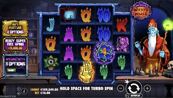 Mr Nulls Wicked Wares base game screenshot showing reels and features