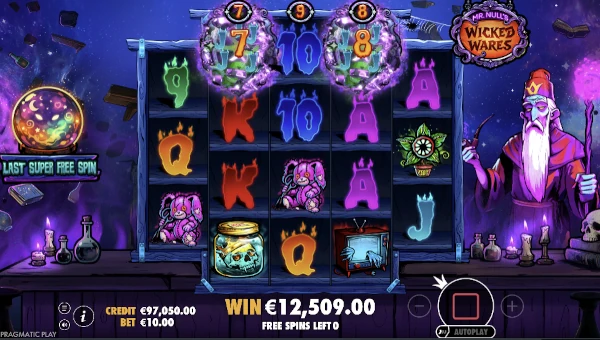 Screenshot of Mr Nulls Wicked Wares slot demo showing reels and bonus game features