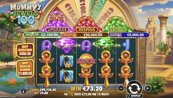 Mummys Jewels 100 base game screenshot showing reels and features