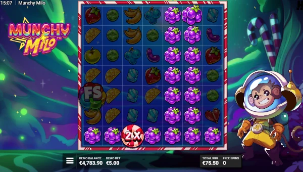 Screenshot of Munchy Milo slot demo showing reels and bonus game features
