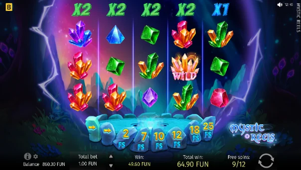 Screenshot of Mystic Reels slot demo showing reels and bonus game features