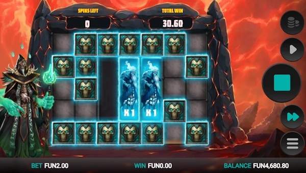 Screenshot of Necromancers Gate slot demo showing reels and bonus game features