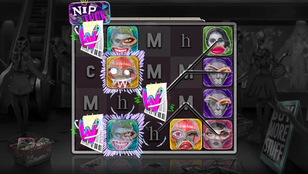 Base Game Screenshot of Nip Tuck slot with cosmetic surgery theme and assembly line features