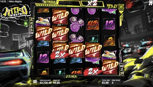 Screenshot of Nitro Nights slot demo showing reels and bonus game features