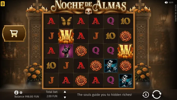 Noche de Almas base game screenshot showing reels and features