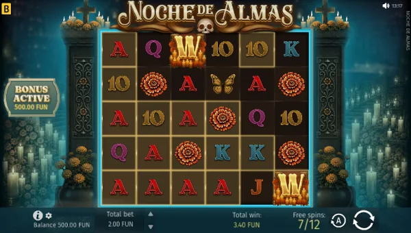 Screenshot of Noche de Almas slot demo showing reels and bonus game features