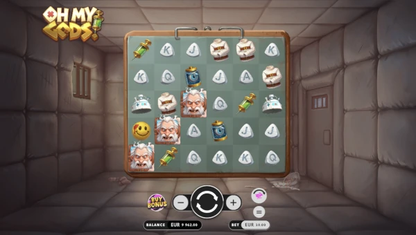 Oh My Gods base game screenshot showing reels and features