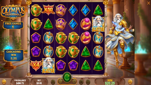 Screenshot of Olympus Thunderhold slot demo showing reels and bonus game features