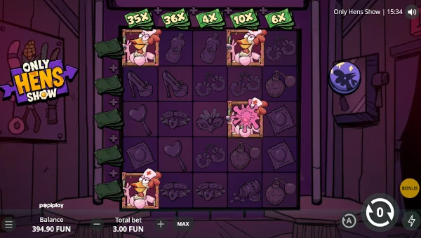 Screenshot of Only Hens Show slot demo showing reels and bonus game features