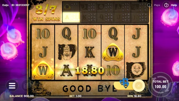 Screenshot of Ouija slot demo showing reels and bonus game features