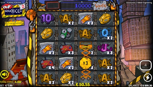 Screenshot of Outsourced 2 Balkan Engineering slot demo showing reels and bonus game features