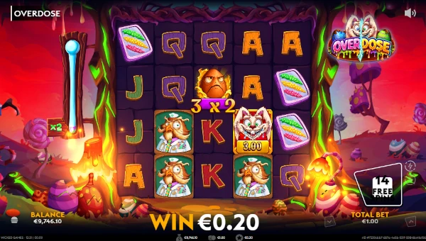 Screenshot of Overdose slot demo showing reels and bonus game features