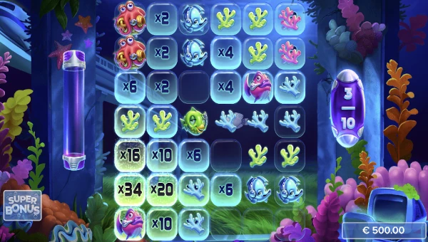 Screenshot of Oxygen 3 slot demo showing reels and bonus game features