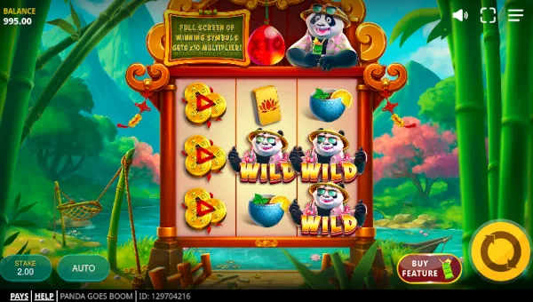 Panda Goes Boom base game screenshot showing reels and features