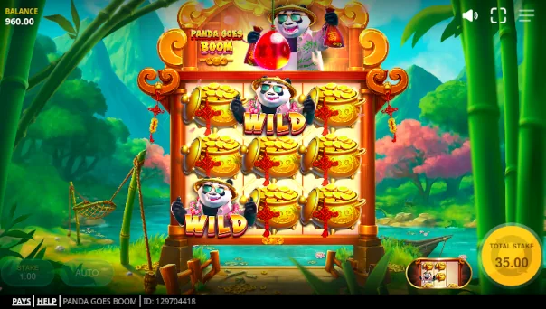 Screenshot of Panda Goes Boom slot demo showing reels and bonus game features