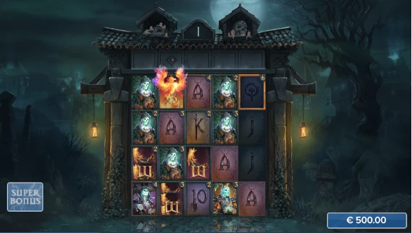 Screenshot of Phoenix Graveyard 2 slot demo showing reels and bonus game features