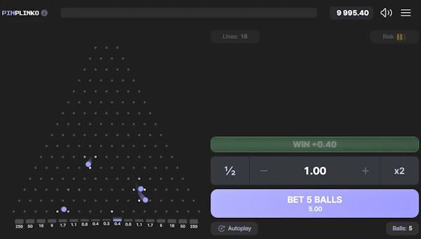 Pin Plinko base game screenshot showing reels and features
