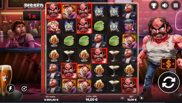 Pissed base game screenshot showing reels and features