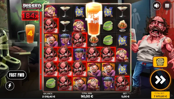 Screenshot of Pissed slot demo showing reels and bonus game features